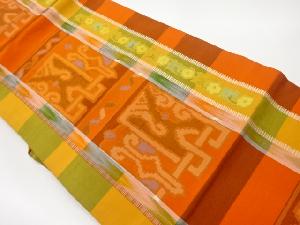 手織り紬縞に花・抽象模様織出し名古屋帯